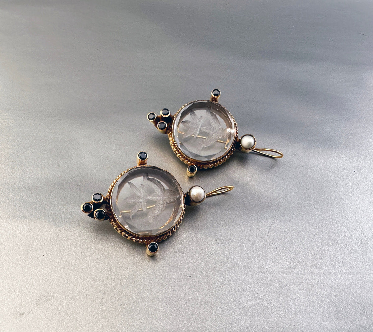 Intaglio Crystal Earrings, Edwardian Style, 18K Gold Vermeil, photo 6