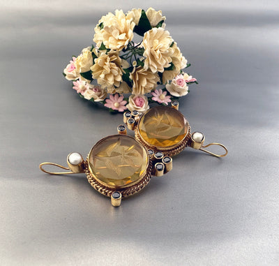 Yellow Intaglio Glass Earrings, Bridal Pearl Accent, Brass, photo 4
