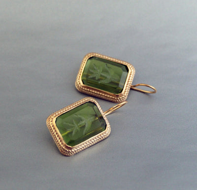 Green Glass Intaglio Drop Earrings, Victorian Art Deco, 18K Gold Vermeil, photo 11