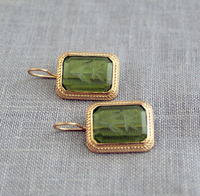 Green Glass Intaglio Drop Earrings, Victorian Art Deco, 18K Gold Vermeil, photo 13
