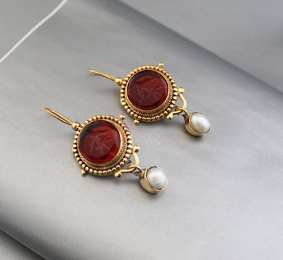 Red Intaglio Earrings, Victorian Art Deco Style, Gold, photo 9