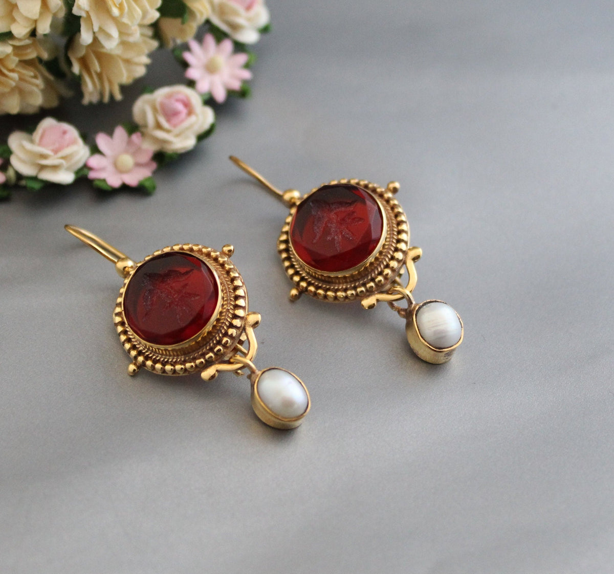 Red Intaglio Earrings, Victorian Art Deco Style, Gold, photo 12