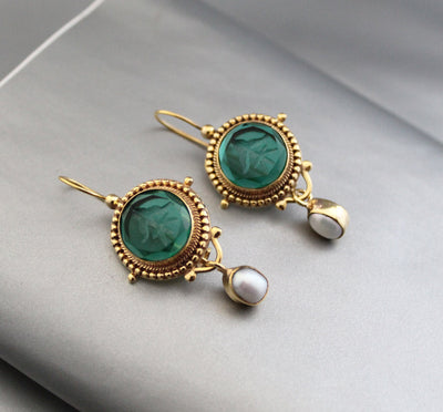 Green Glass Intaglio Earrings, Vintage Dangles, 14K Gold, photo 6