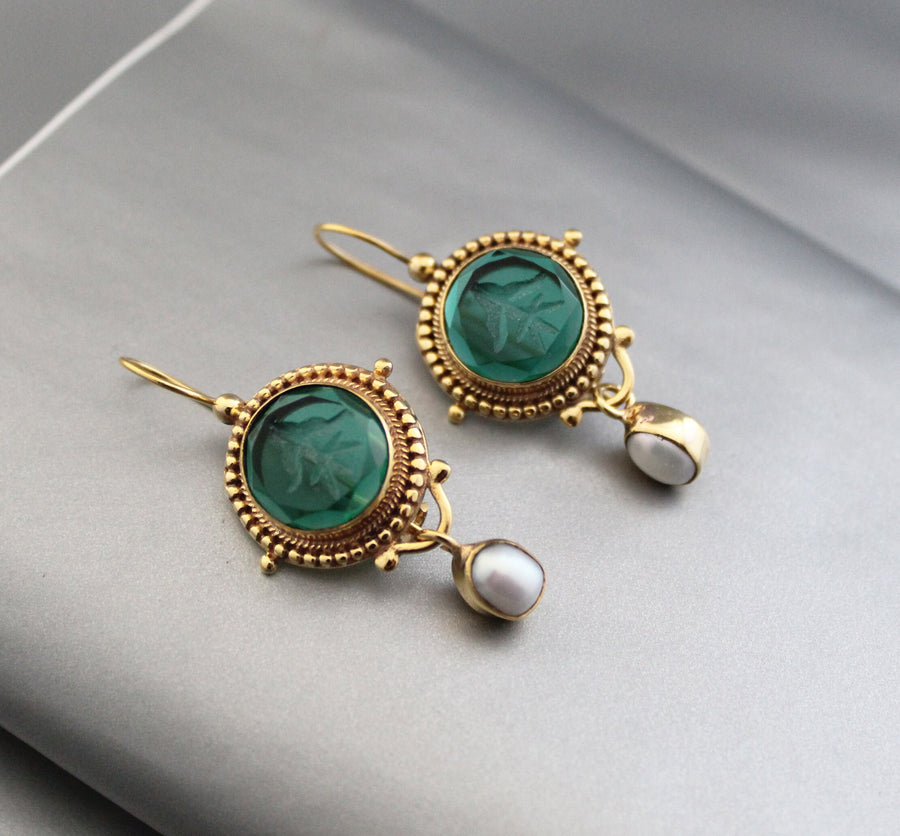 Green Glass Intaglio Earrings, Vintage Dangles, 14K Gold, photo 6