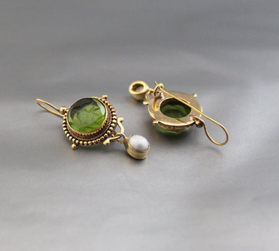 Green Glass Intaglio Earrings, Vintage Victorian Style, Gold, photo 6