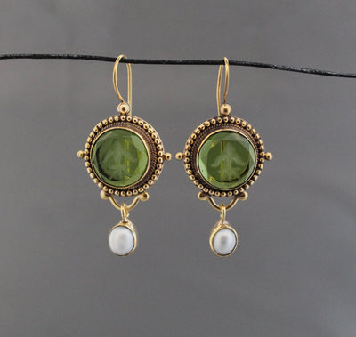 Green Glass Intaglio Earrings, Vintage Victorian Style, Gold, photo 8