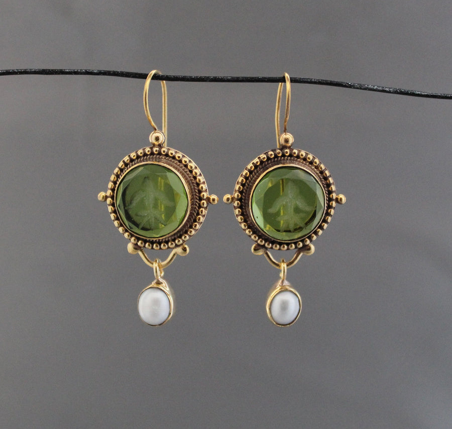 Green Glass Intaglio Earrings, Vintage Victorian Style, Gold, photo 8