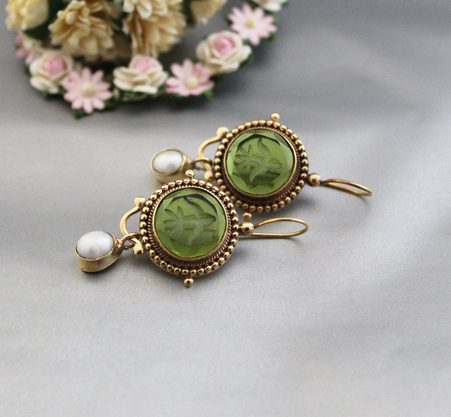 Green Glass Intaglio Earrings, Vintage Victorian Style, Gold