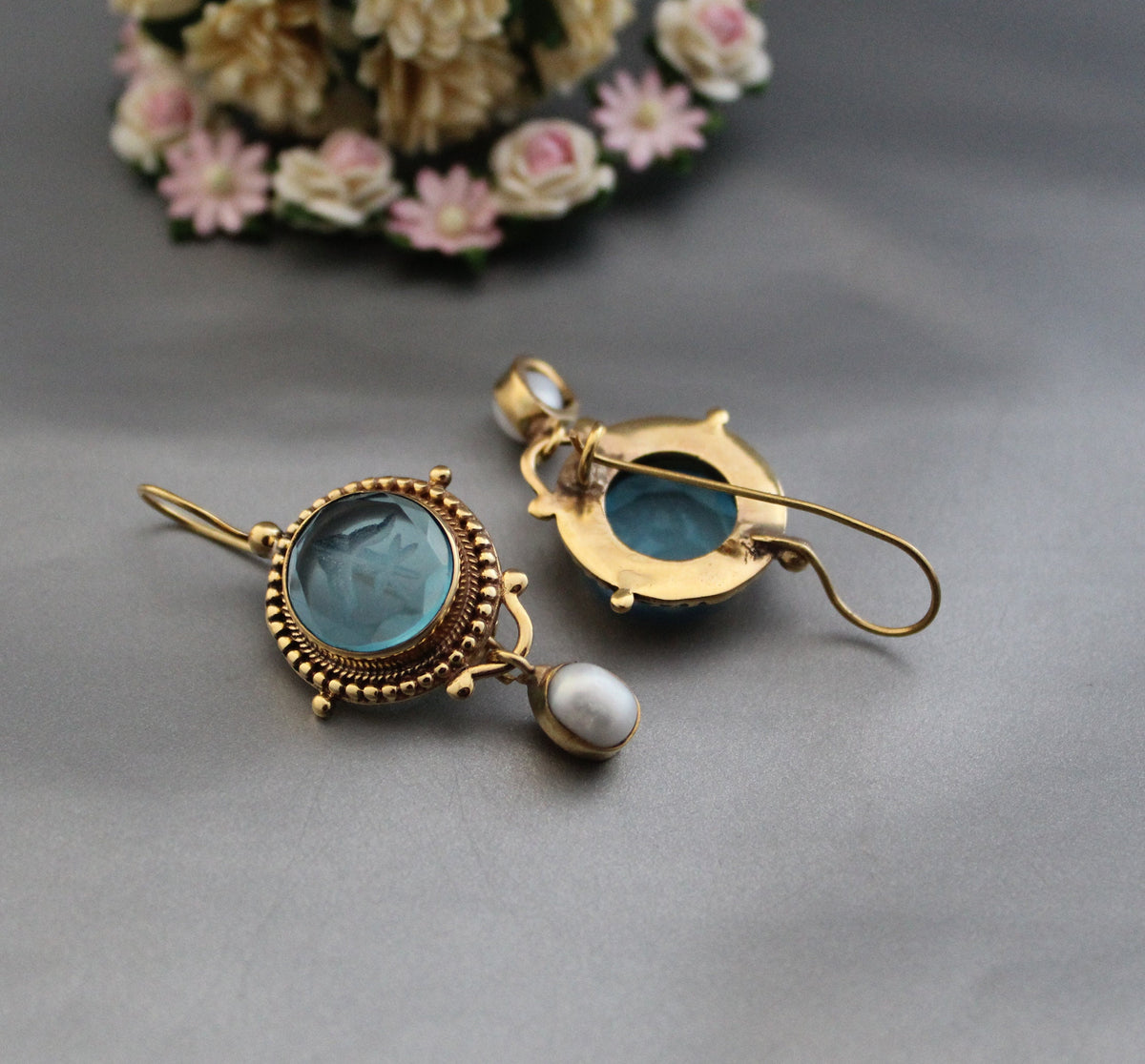 Blue Quartz Intaglio Earrings, Pearl Drops, Gold, photo 9