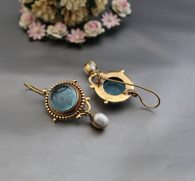 Blue Quartz Intaglio Earrings, Pearl Drops, Gold, photo 9