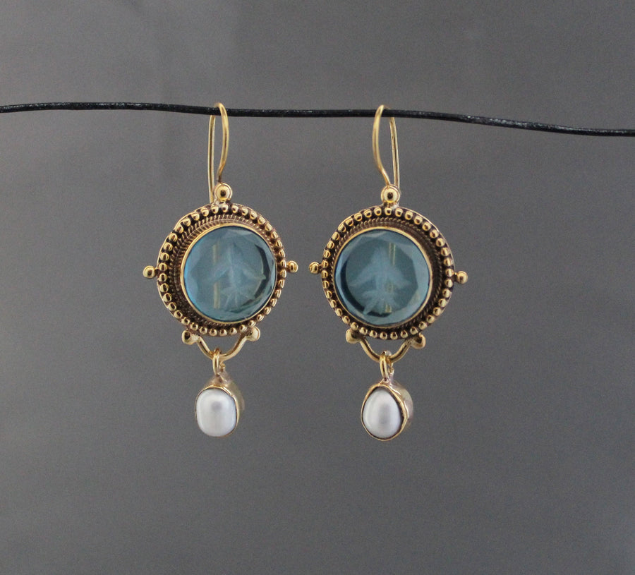 Blue Quartz Intaglio Earrings, Pearl Drops, Gold, photo 10