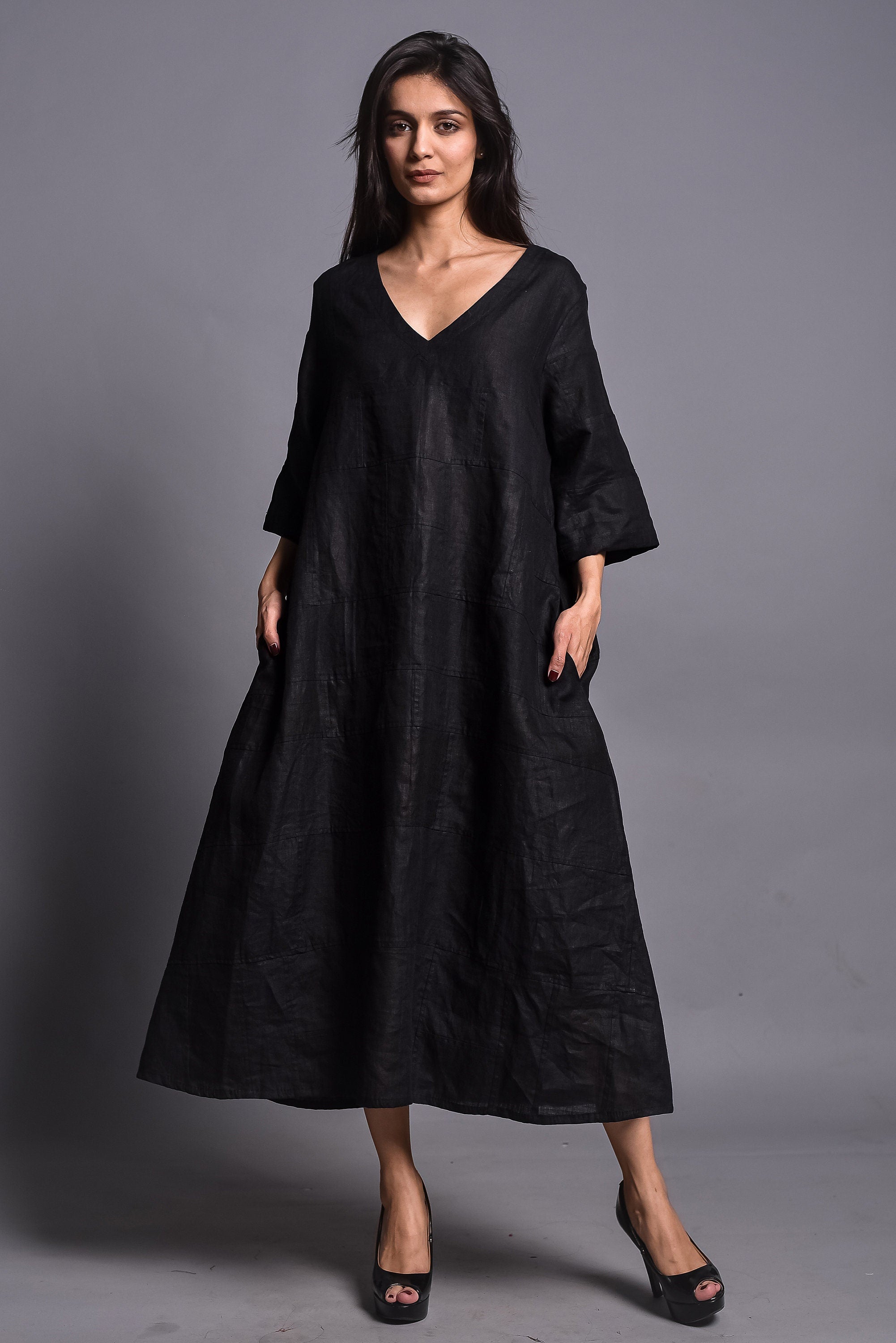 Black Linen Maxi Dress, Oversized Linen Tunic Dress, spring summer plus size clothing