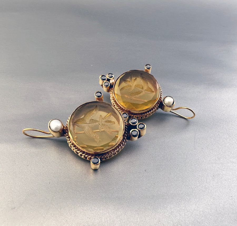 Yellow Intaglio Glass Earrings, Bridal Pearl Accent, Brass, photo 6