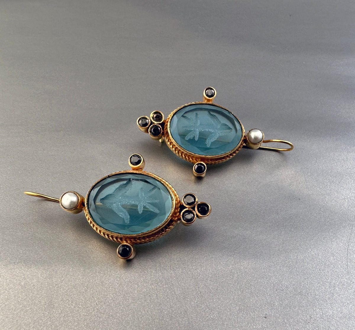 Blue Glass Intaglio Earrings, Bridal Style, Antique Gold Vermeil, photo 4