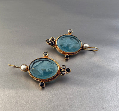 Blue Glass Intaglio Earrings, Bridal Style, Antique Gold Vermeil, photo 4