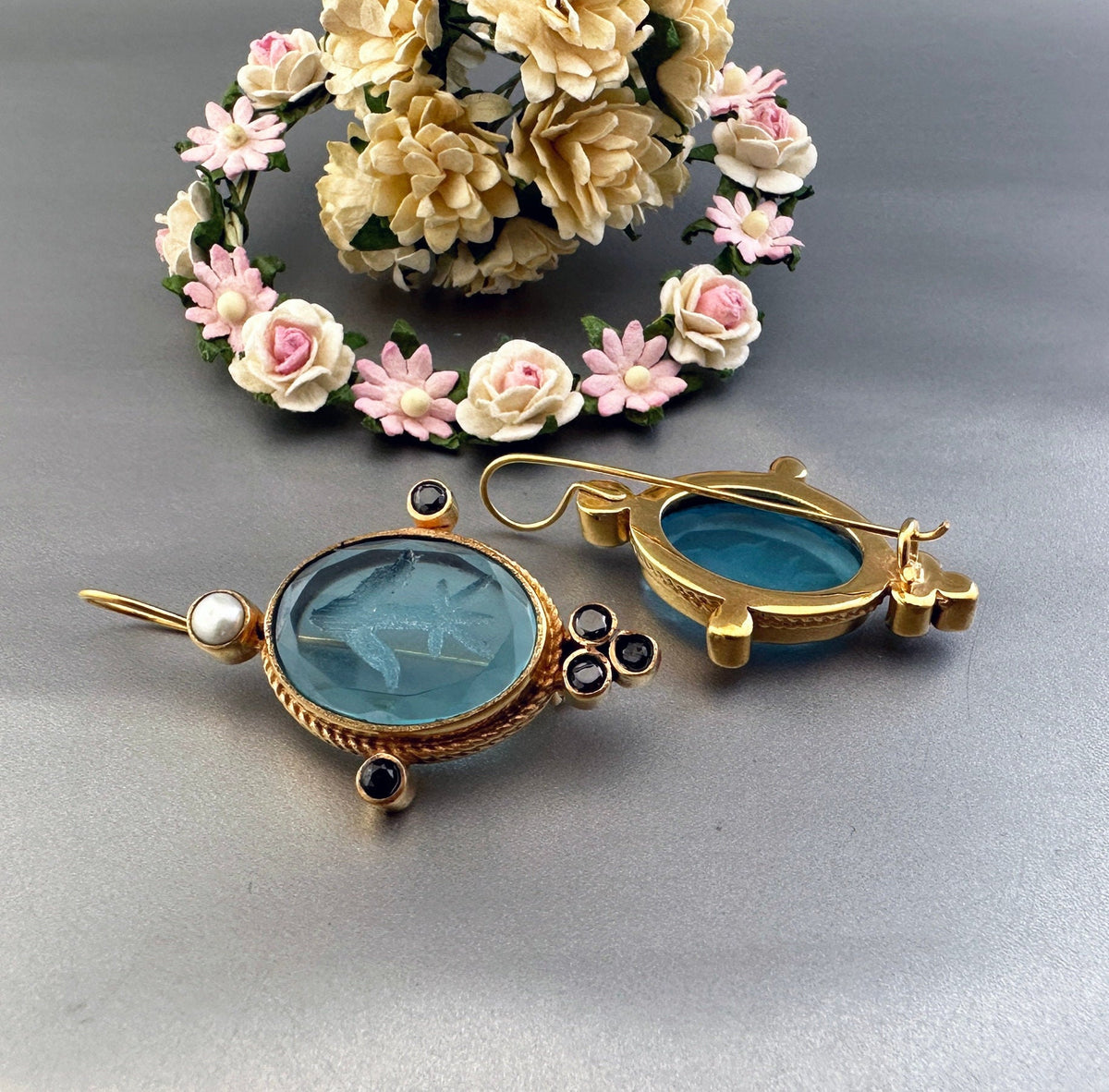 Blue Glass Intaglio Earrings, Bridal Style, Antique Gold Vermeil, photo 2