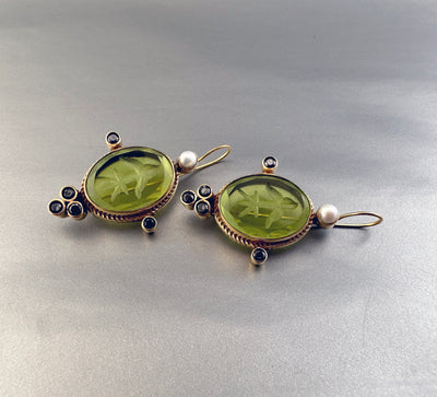 Green Glass Intaglio Earrings, Vintage Style, 14K Gold Vermeil, photo 5
