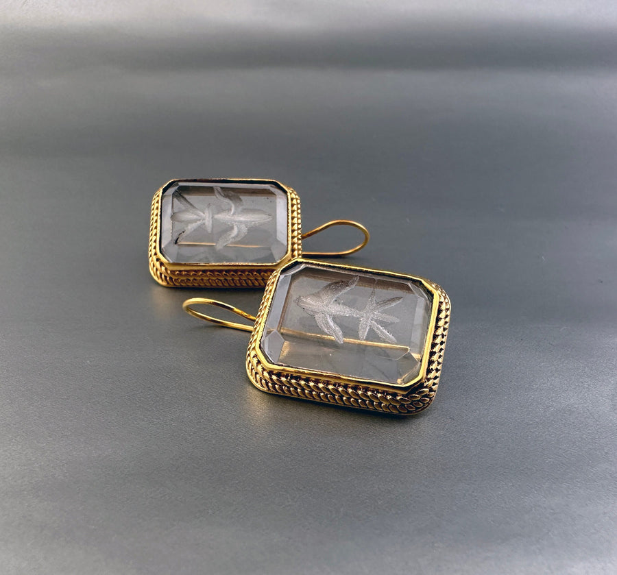 Intaglio Crystal Earrings, Victorian Art Deco Style, Gold, photo 8