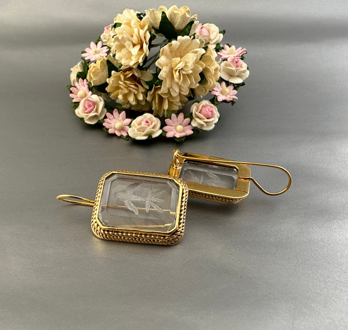 Intaglio Crystal Earrings, Victorian Art Deco Style, Gold, photo 10