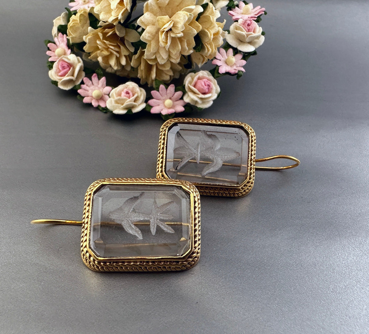 Intaglio Crystal Earrings, Victorian Art Deco Style, Gold, photo 9