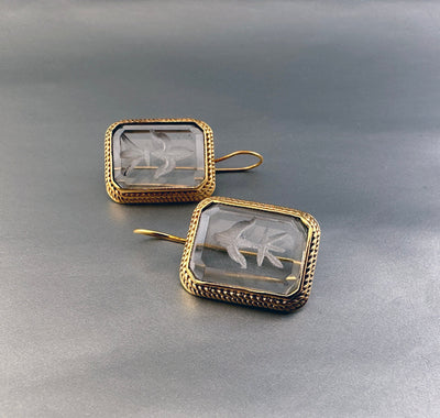 Intaglio Crystal Earrings, Victorian Art Deco Style, Gold, photo 7