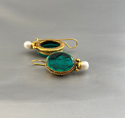 Green Glass Intaglio Earrings, Edwardian Gold and Pearl, photo 8