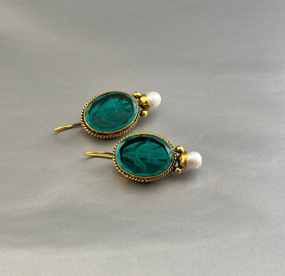 Green Glass Intaglio Earrings, Edwardian Gold and Pearl, photo 7