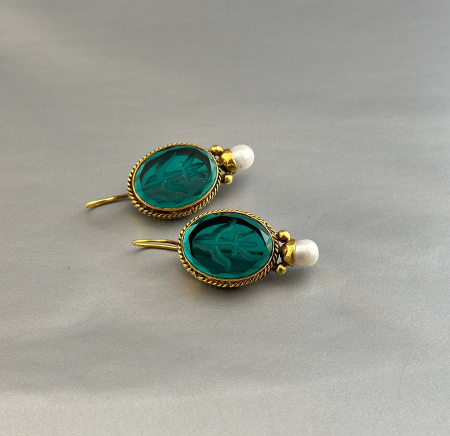 Green Glass Intaglio Earrings, Edwardian Gold and Pearl, photo 7