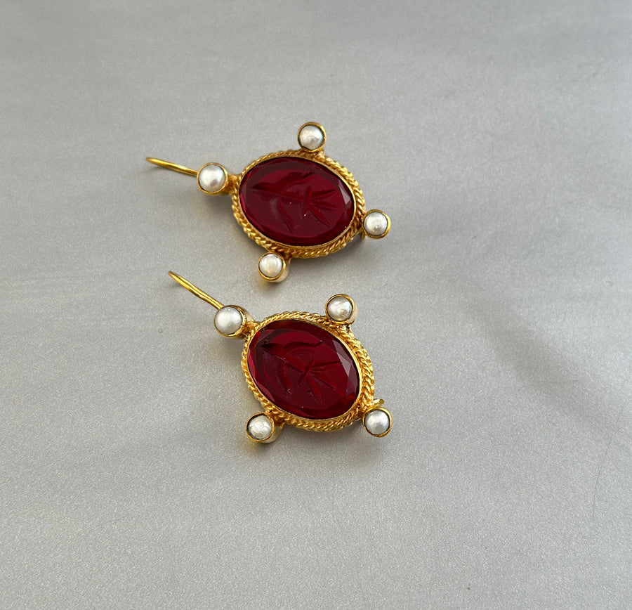 Red Glass Intaglio Earrings, Vintage Victorian Gold with Pearls, photo 10
