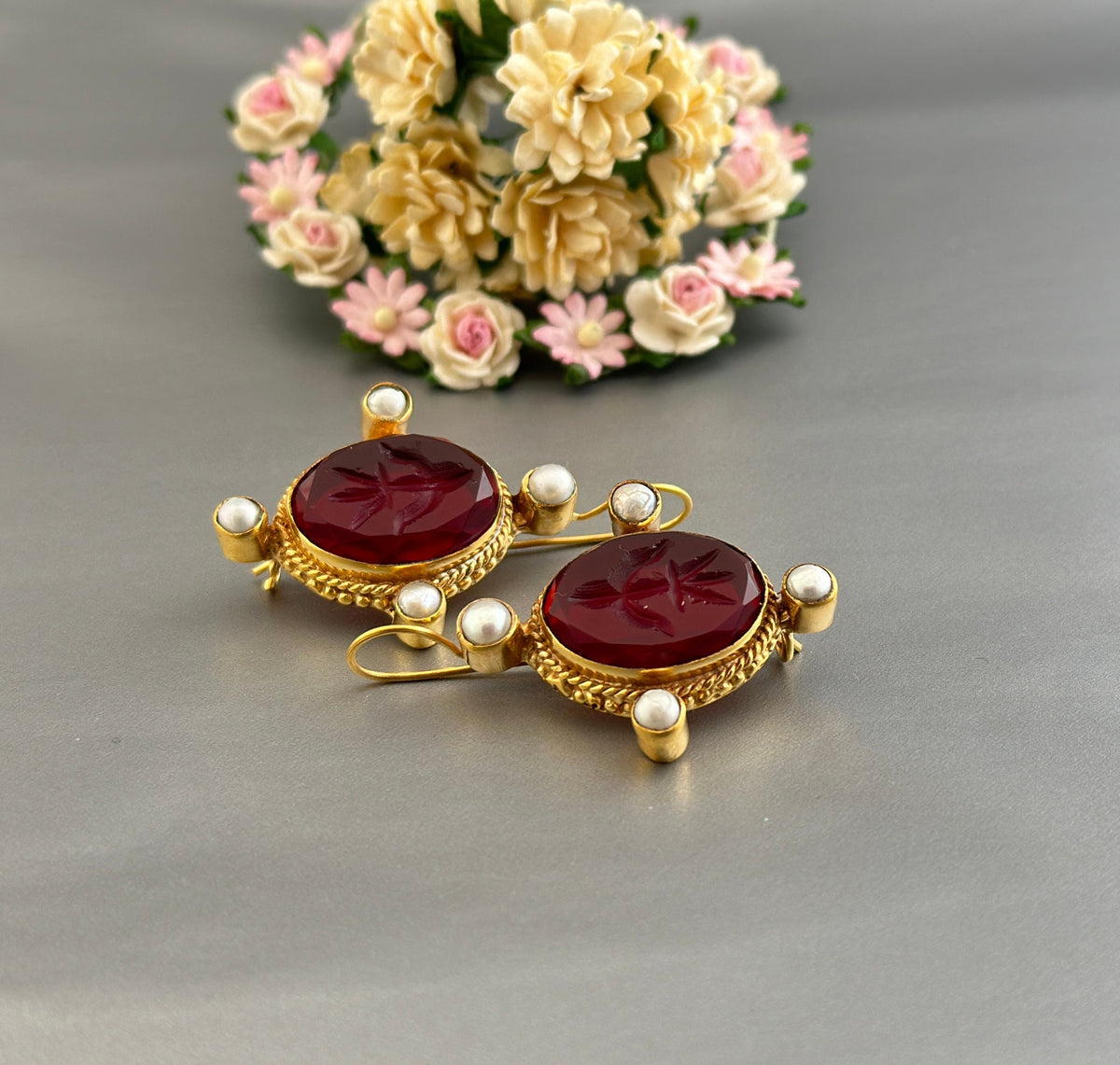 Red Glass Intaglio Earrings, Vintage Victorian Gold with Pearls, photo 8