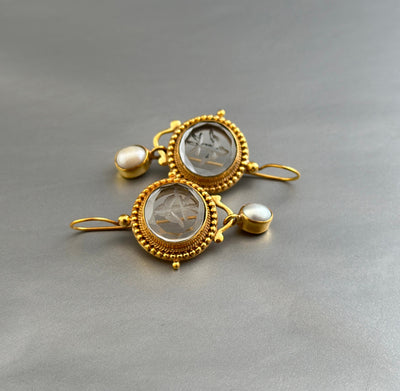 Clear Glass Intaglio Earrings, Victorian Art Deco, Gold with Pearl, photo 7