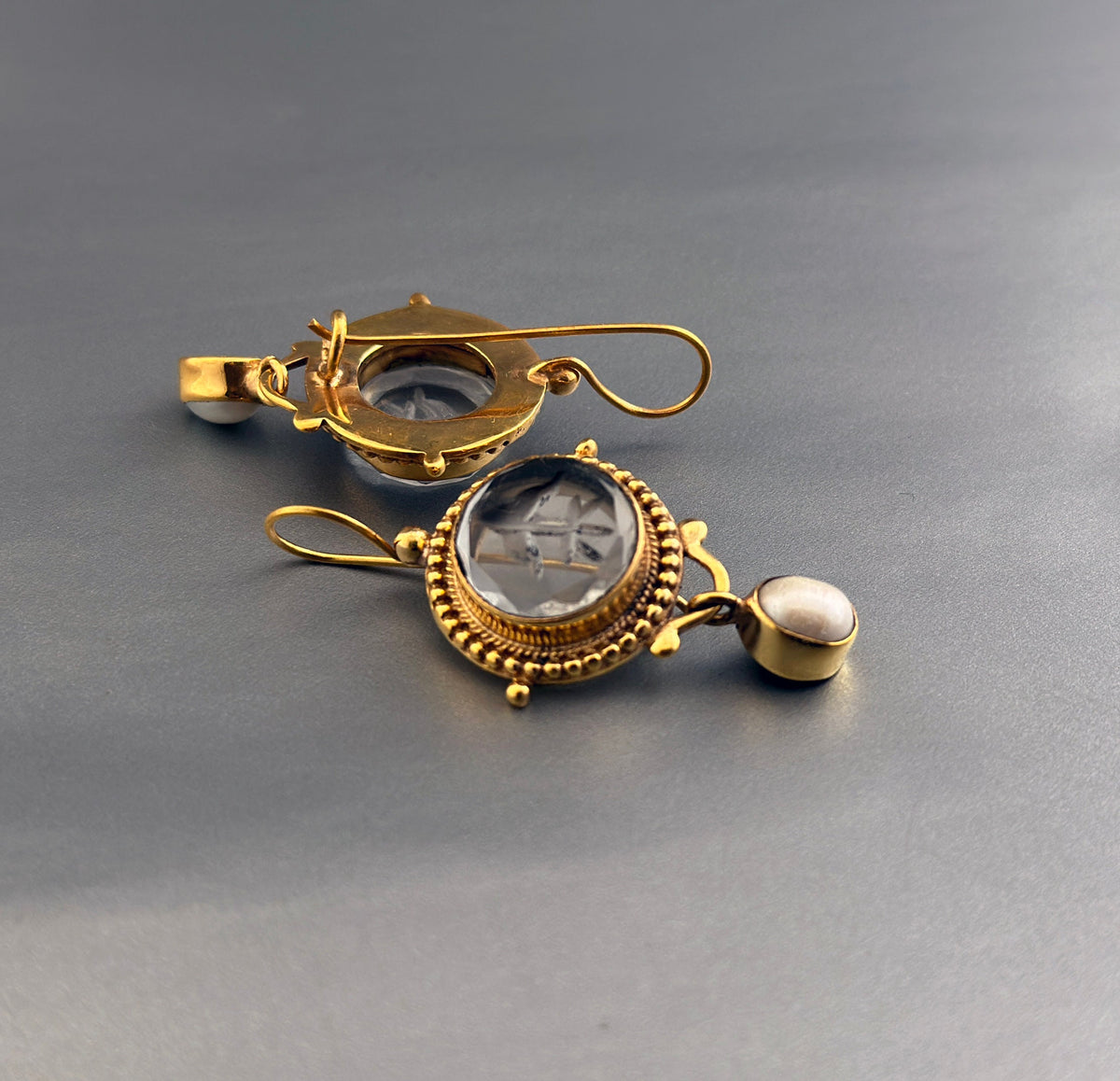 Clear Glass Intaglio Earrings, Victorian Art Deco, Gold with Pearl, photo 6