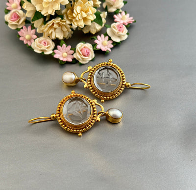 Clear Glass Intaglio Earrings, Victorian Art Deco, Gold with Pearl, photo 8