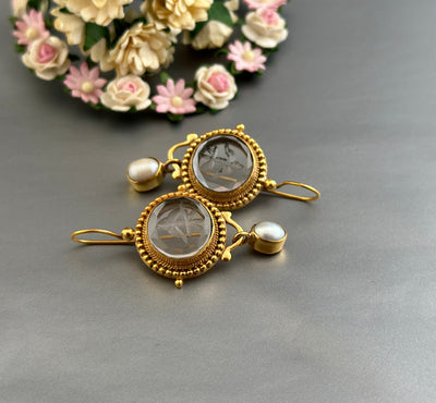 Clear Glass Intaglio Earrings, Victorian Art Deco, Gold with Pearl, photo 2