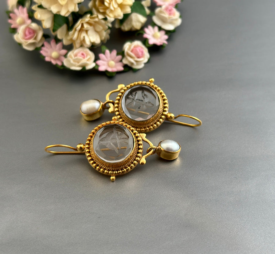Clear Glass Intaglio Earrings, Victorian Art Deco, Gold with Pearl, photo 2
