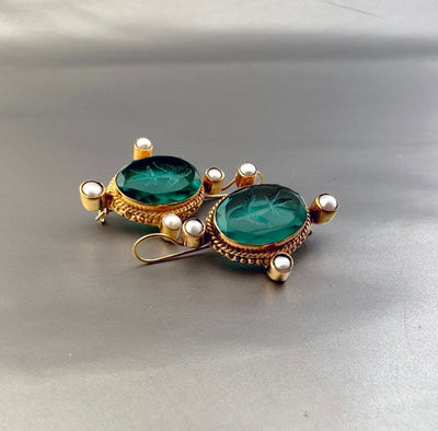 Green Glass Intaglio Earrings, Edwardian Style, Gold Vermeil with Pearls, photo 11