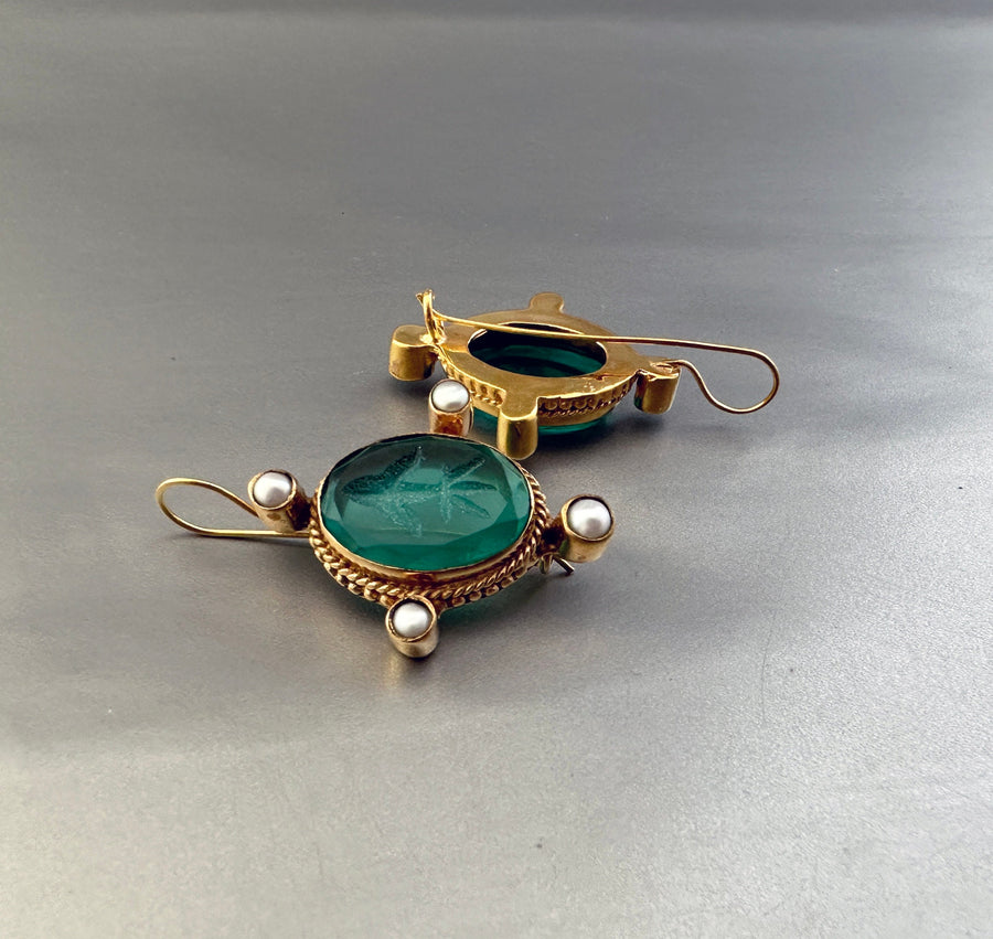 Green Glass Intaglio Earrings, Edwardian Style, Gold Vermeil with Pearls, photo 10