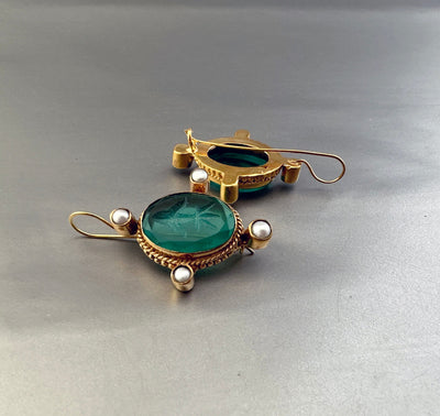 Green Glass Intaglio Earrings, Oval Pearl Accent, 18K Gold, photo 10