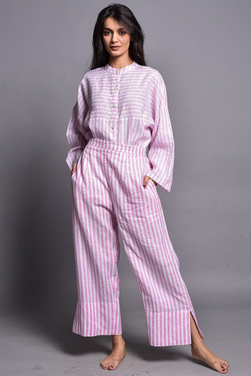 Striped Linen Pajama Set, Wide Trousers, photo 3