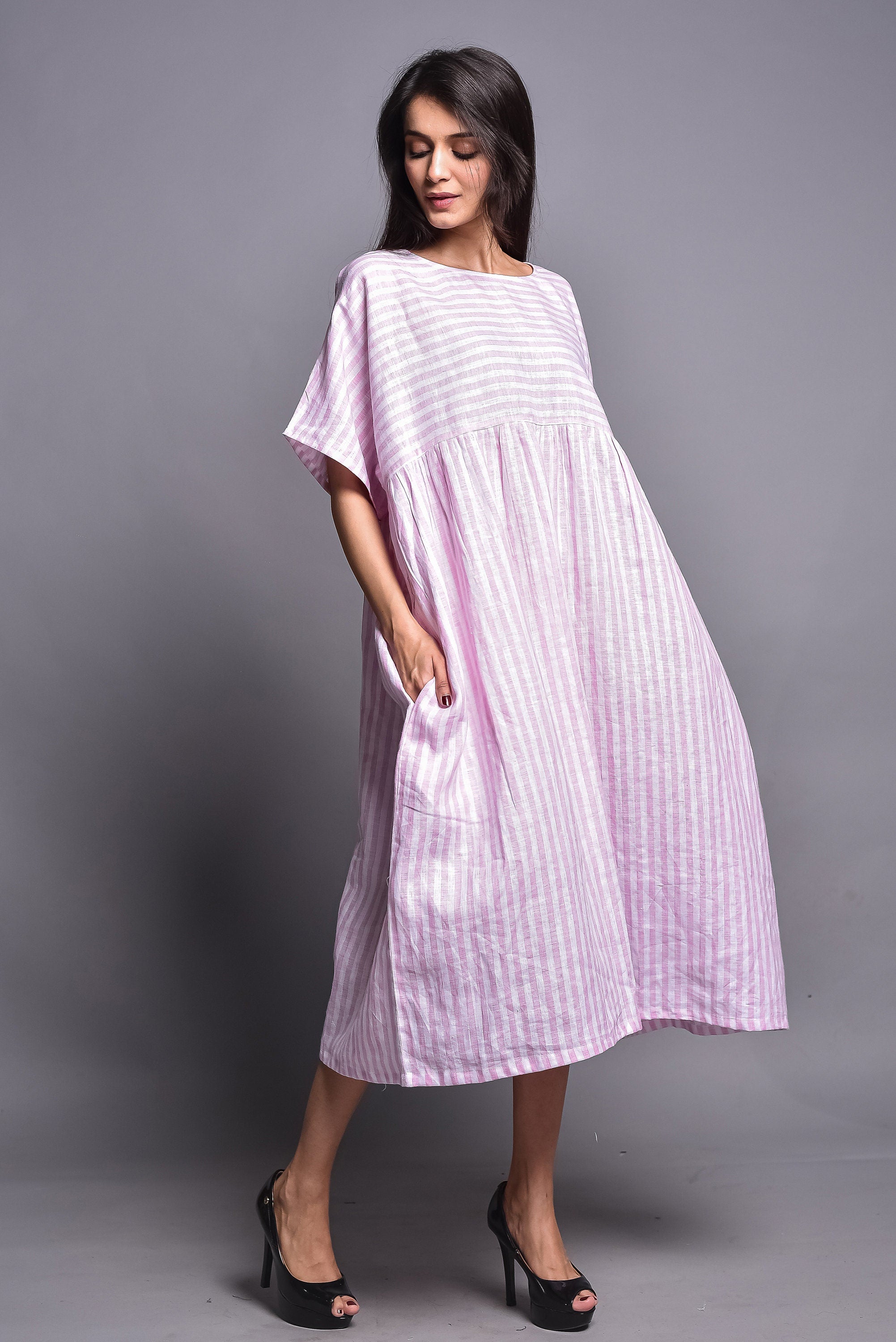 Striped Linen Midi Dress, Boxy Oversized Linendress, Romantic Maxi Linen Dress, Summer Beach Party Dress For Women