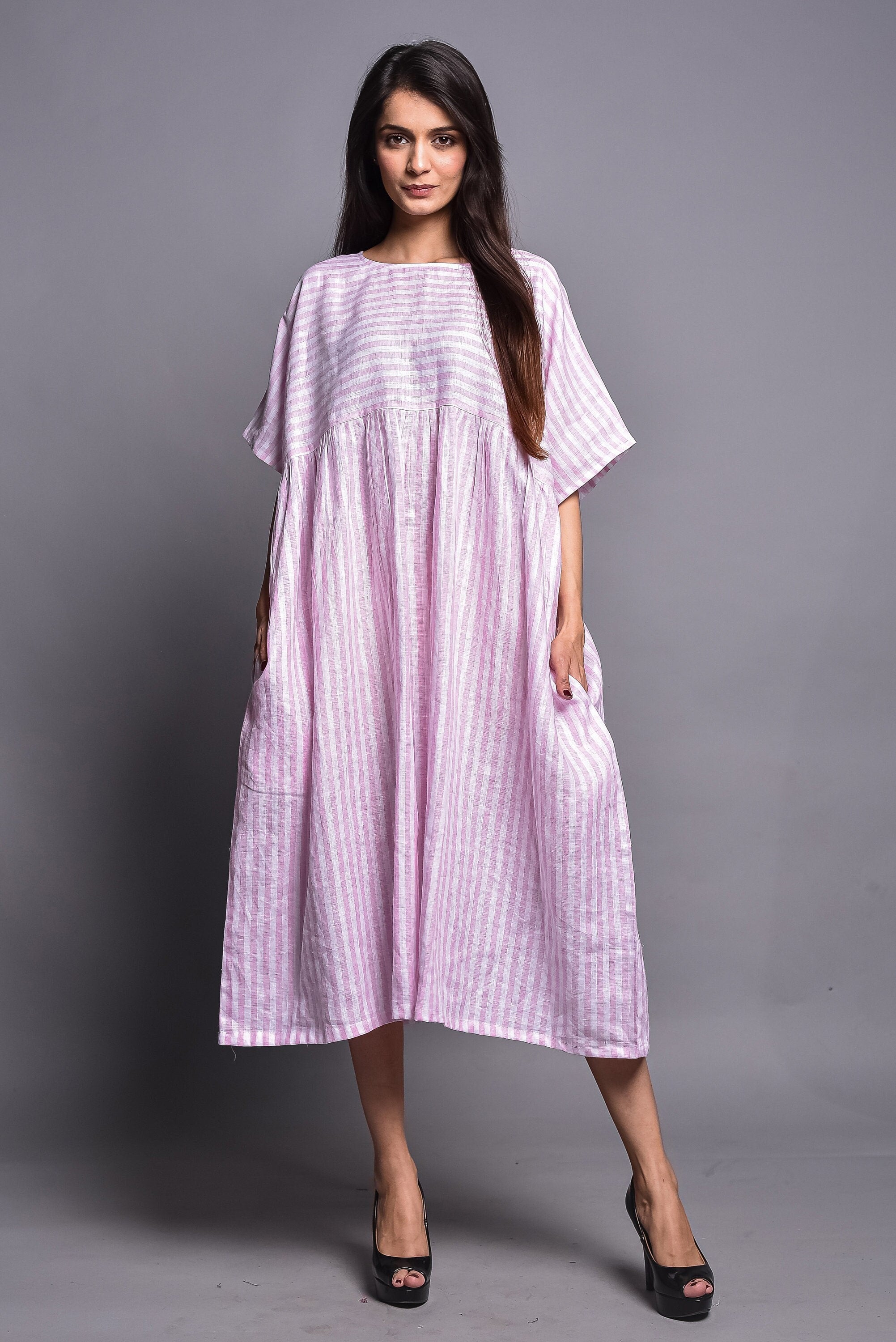 Striped Linen Midi Dress, Boxy Oversized Linendress, Romantic Maxi Linen Dress, Summer Beach Party Dress For Women
