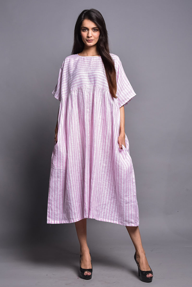 Striped Linen Midi Dress, Boxy Fit