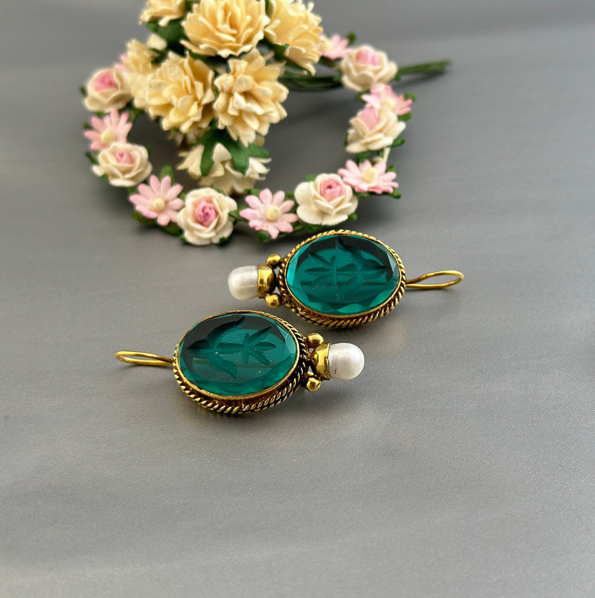 Green Glass Intaglio Earrings, Edwardian Gold and Pearl, photo 6