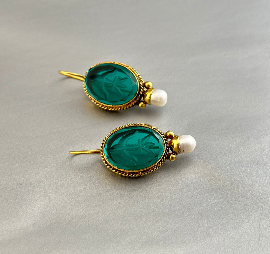Green Glass Intaglio Earrings, Edwardian Gold and Pearl, photo 2