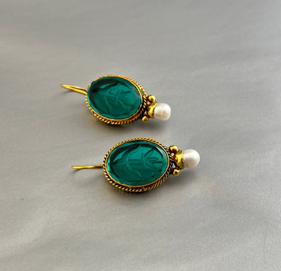Green Glass Intaglio Earrings, Edwardian Gold and Pearl, photo 9