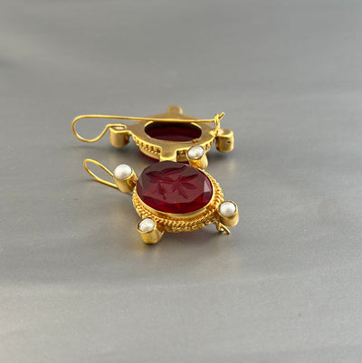 Red Glass Intaglio Earrings, Vintage Victorian Gold with Pearls, photo 9