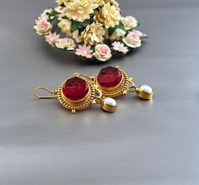 Red Intaglio Earrings, Victorian Art Deco Style, Gold, photo 5