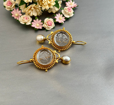 Clear Glass Intaglio Earrings, Victorian Art Deco, Gold with Pearl, photo 10