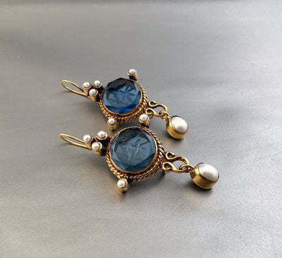 Blue Intaglio Cameo Earrings, Antique Victorian Style, Dainty Gold, photo 10