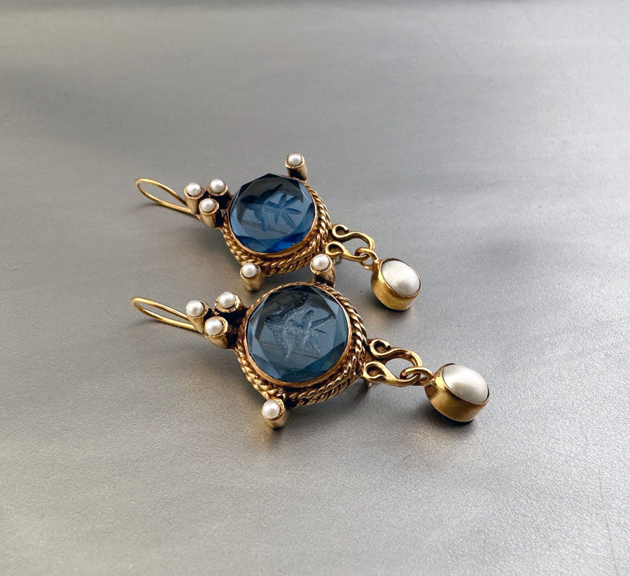 Blue Intaglio Cameo Earrings, Antique Victorian Style, Dainty Gold, photo 10